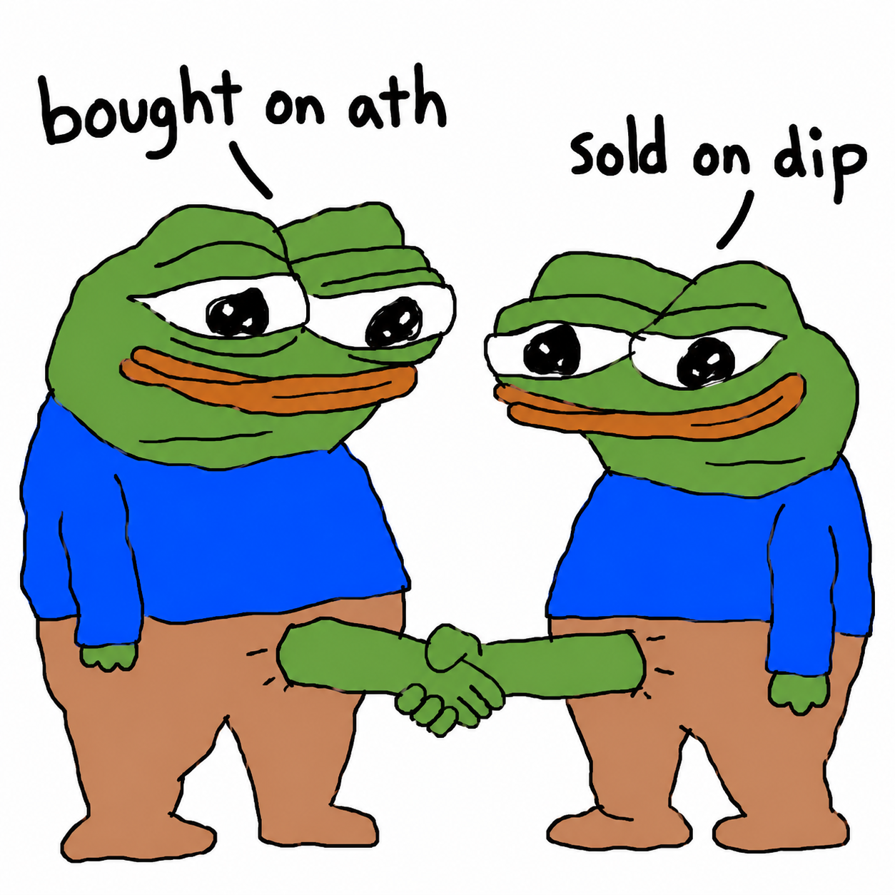 Two Pepe traders shaking hands, one bought on ATH and one sold on dip